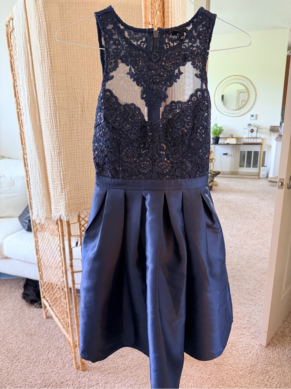 Soieblu Navy Lace Bodice Pleated Satin Formal Dress
